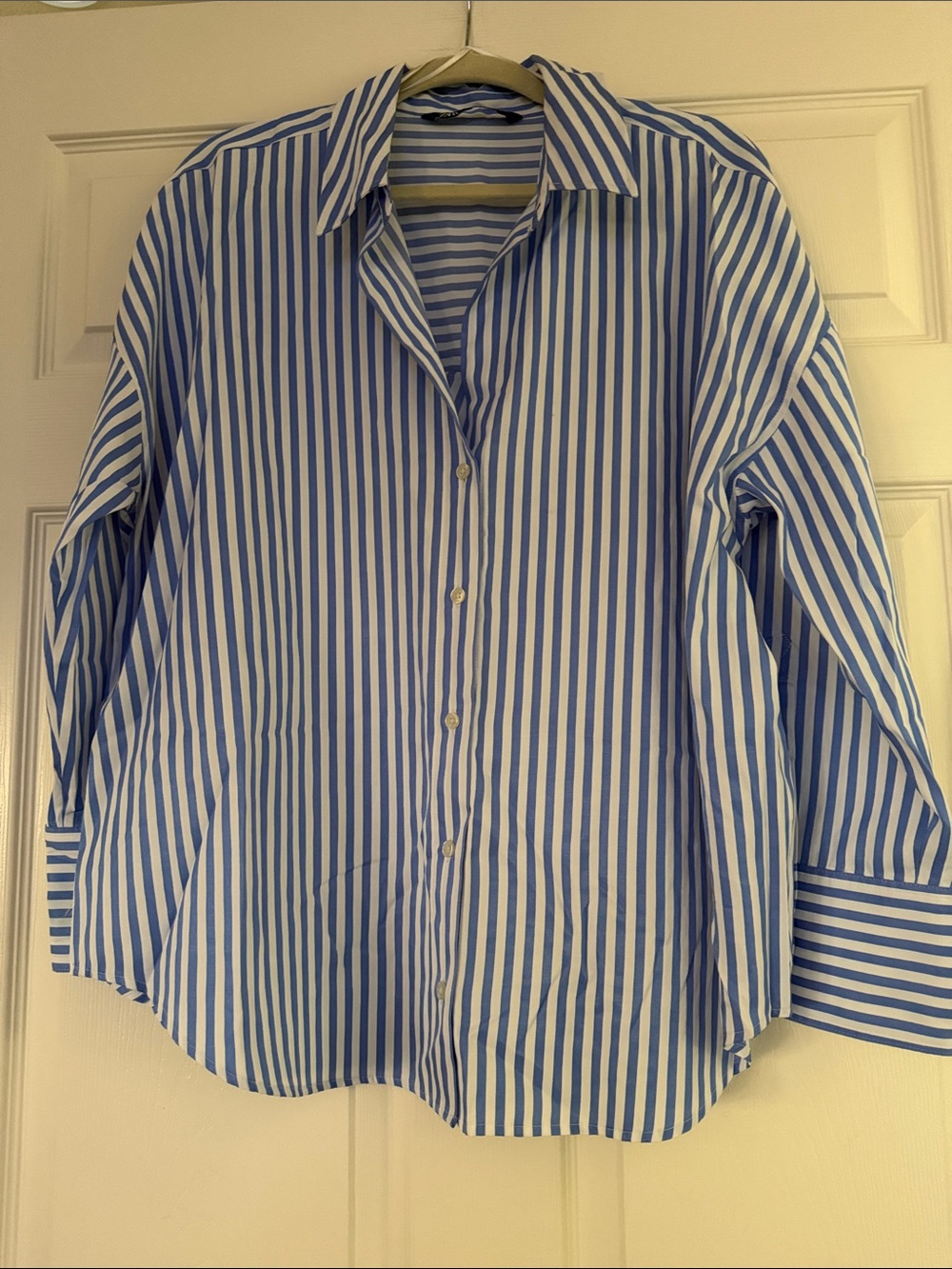 Zara Blue and White Striped Button-Up Blouse